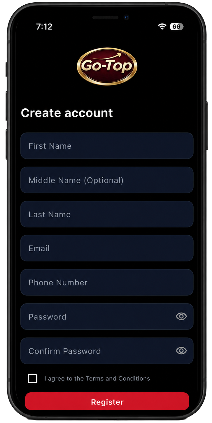 GoTop create account screen